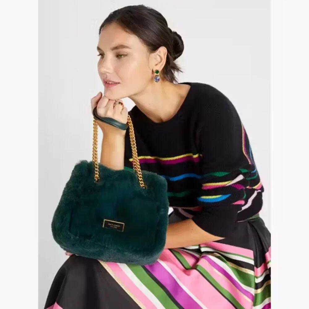 Kate Spade Cleo Faux Fur Small Chain Bucket Bag In Pine Grove - Picture 10 of 10